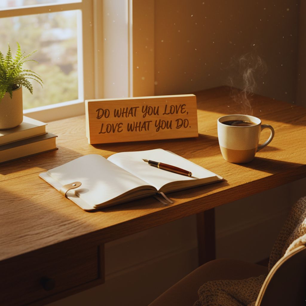 Desk with a wooden plaque that says “Do What You Love, Love What You Do” surrounded by cozy morning light.