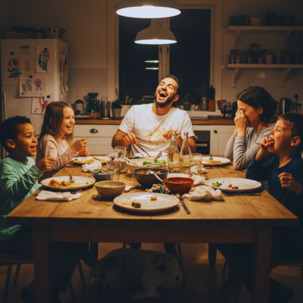 Family laughing over dinner, representing fun and imperfection.