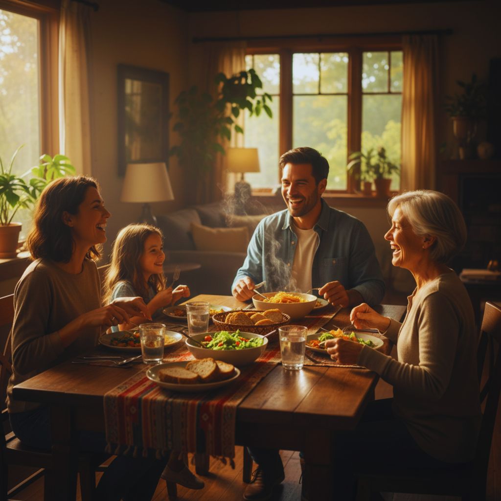 A family enjoying dinner together, laughing and talking at sunset — representing unity and love.