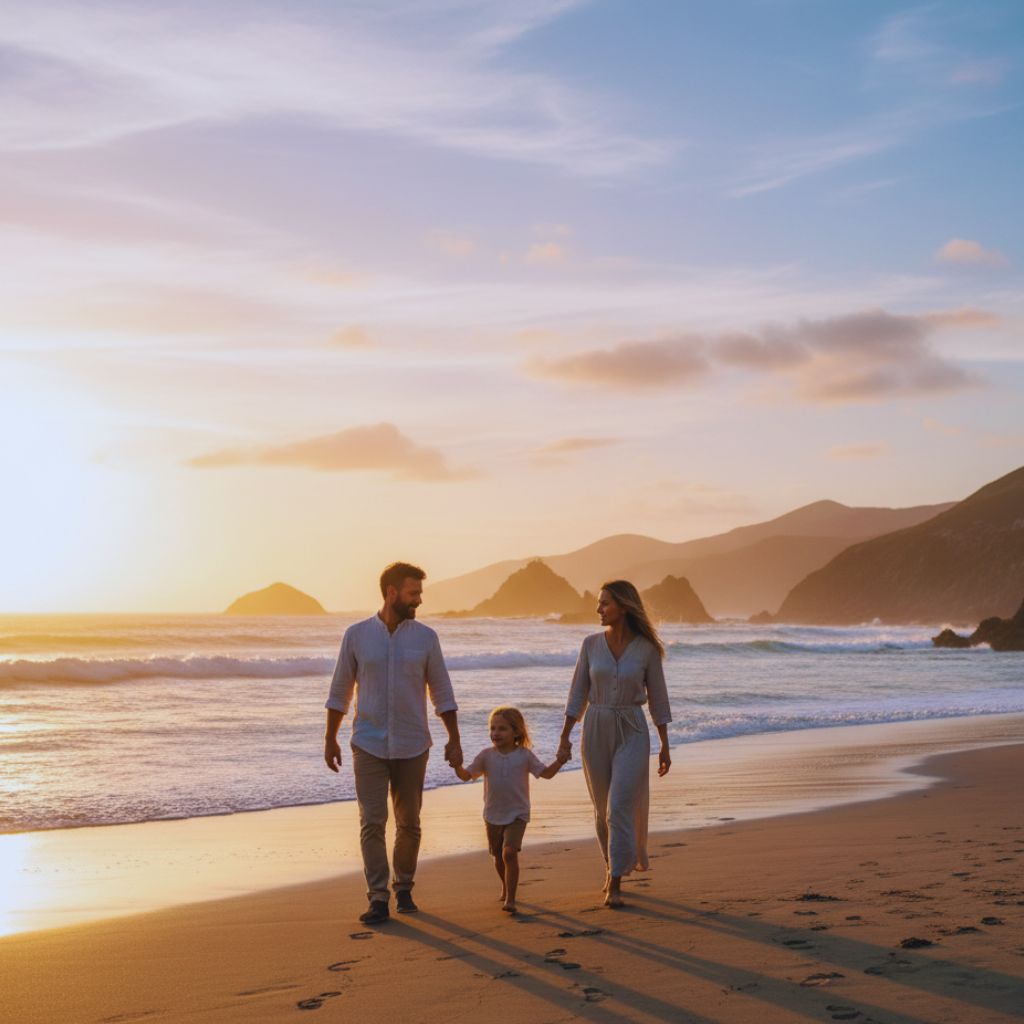 Family walking on the beach, holding hands at sunset.