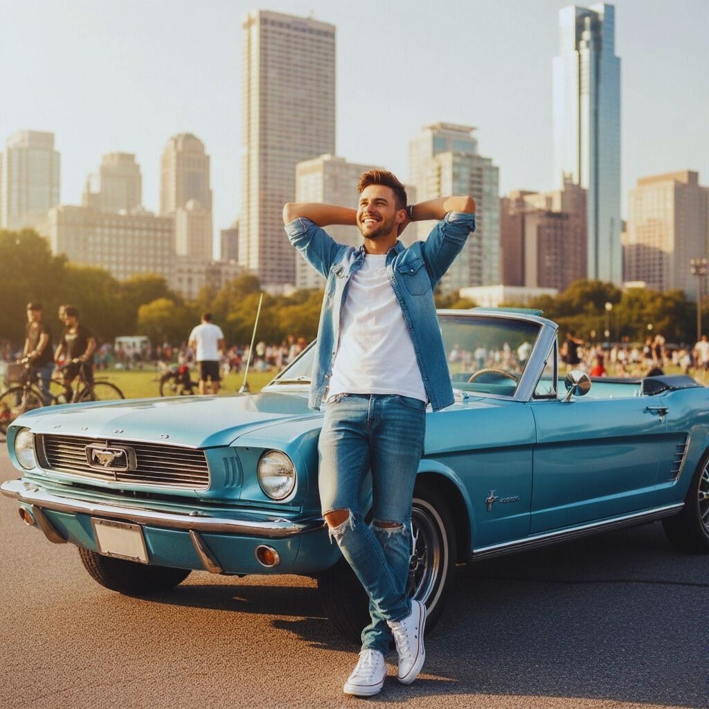 Ferris Bueller relaxes on a red car under bright sunlight, symbolizing joy, presence, and living in the moment.