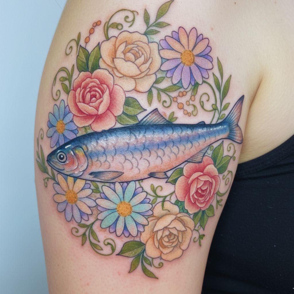 “Tattoo of a sardine surrounded by flowers.”