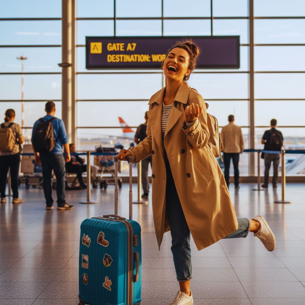 “Traveler laughing and posing with suitcase at airport gate, representing humor and wanderlust.”