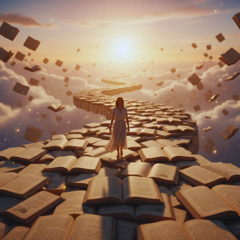 “Person walking along a path of open books toward sunrise, symbolizing personal growth and courage.”