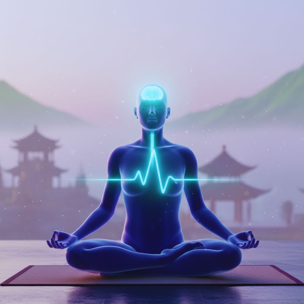 “Person meditating with glowing breath showing connection between lungs and brain.”