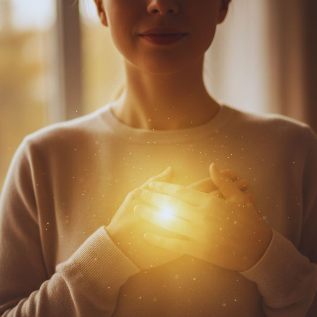 A person’s hand resting on their heart glowing softly, representing trust and inner strength.