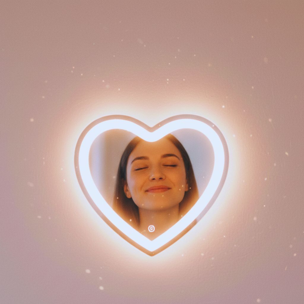 A heart-shaped mirror reflecting a smiling person, representing unconditional self-worth.
