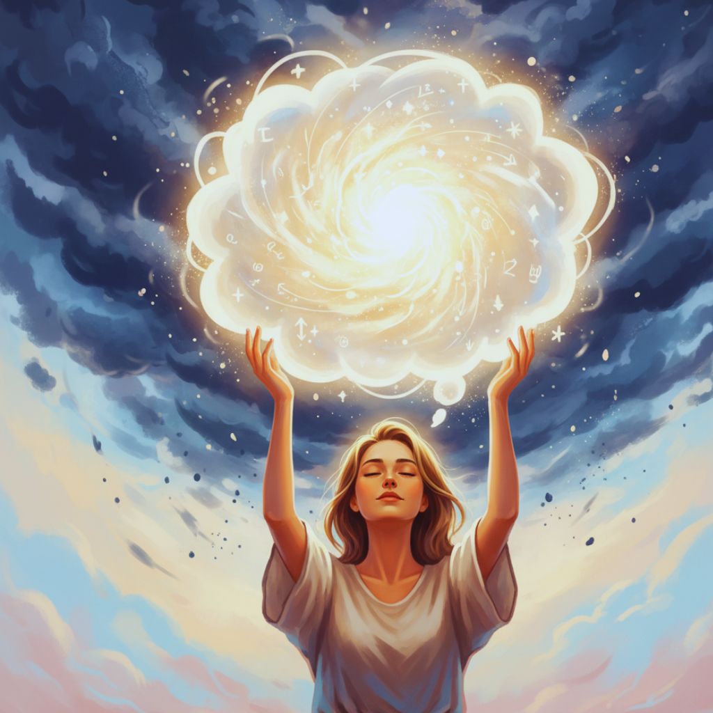 A person holding a bright glowing thought bubble surrounded by fading dark clouds.