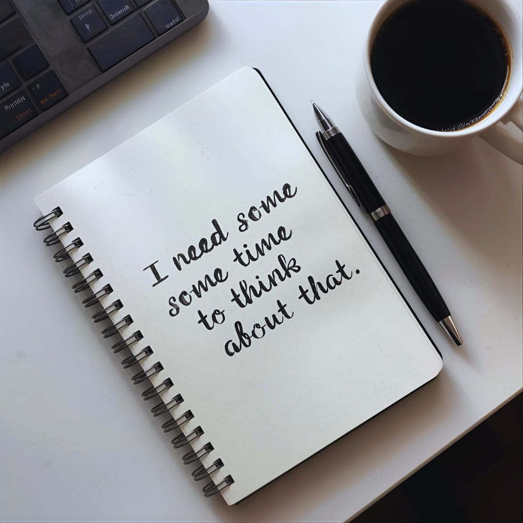 Notebook with quote “I need some time to think about that” written neatly beside a pen.