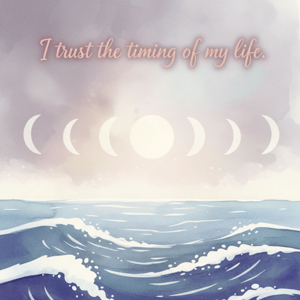 Spiritual quote about trusting divine timing with serene imagery.