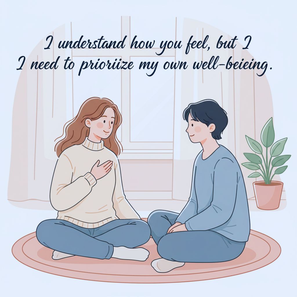 Minimalist illustration of calm conversation with text overlay “I understand how you feel, but I need to prioritize my own well-being.”