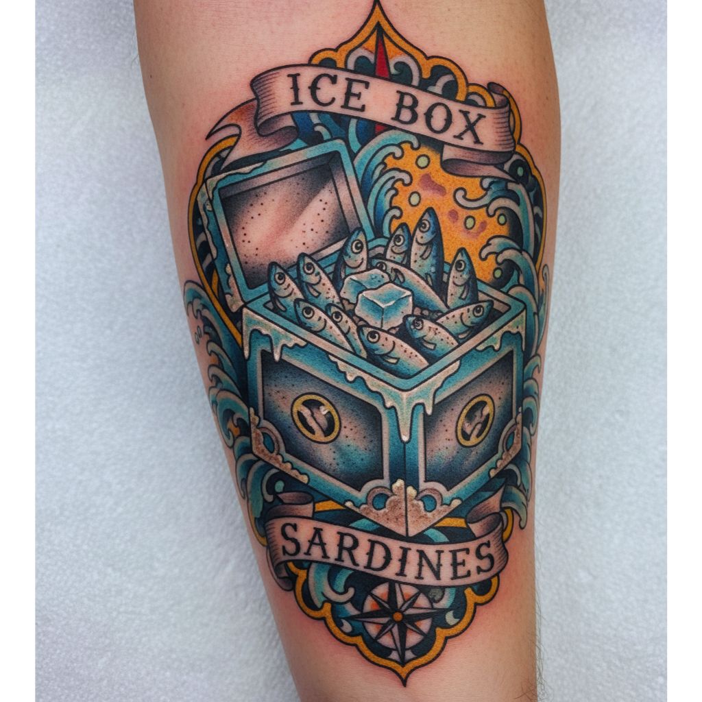 “Tattoo of sardines arranged in ice cubes.”