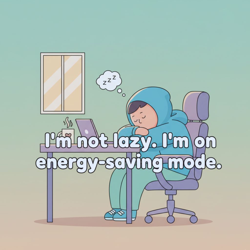 Funny quote about being lazy shown as energy-saving mode.