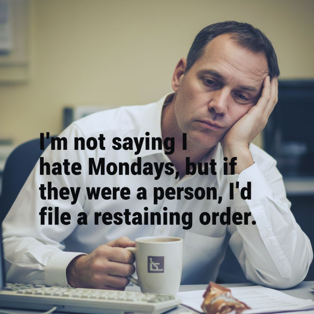 Sarcastic quote about hating Mondays with a funny office background.