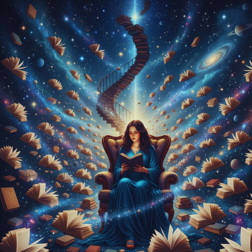 “Reader surrounded by floating books and stars, symbolizing imagination and literary discovery.”