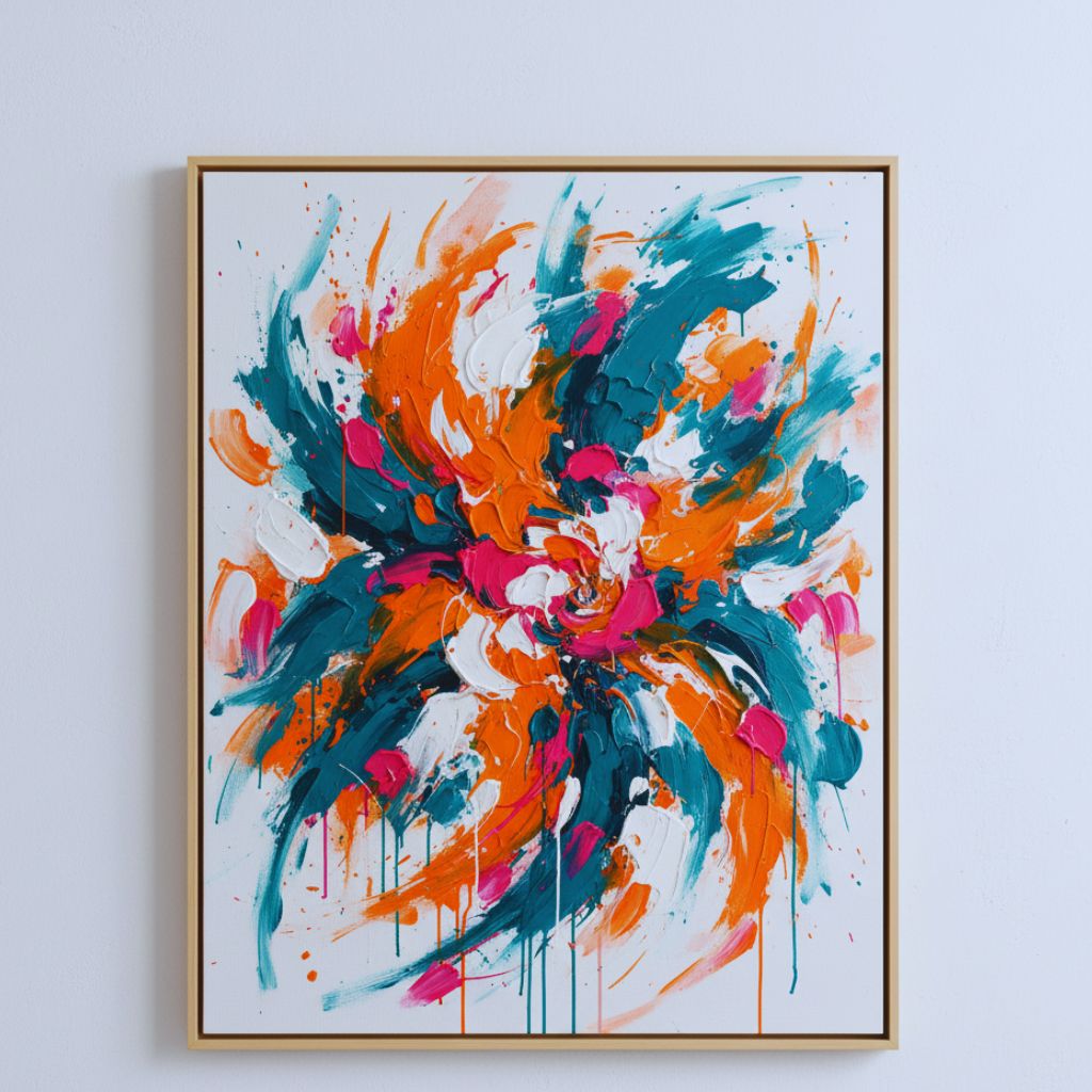 Vibrant abstract painting with energetic brushstrokes in orange, teal, and pink.