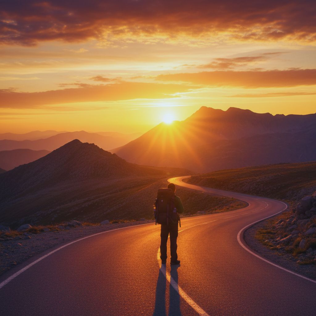 “Solo traveler watching sunrise over mountain horizon representing adventure and inspiration.”