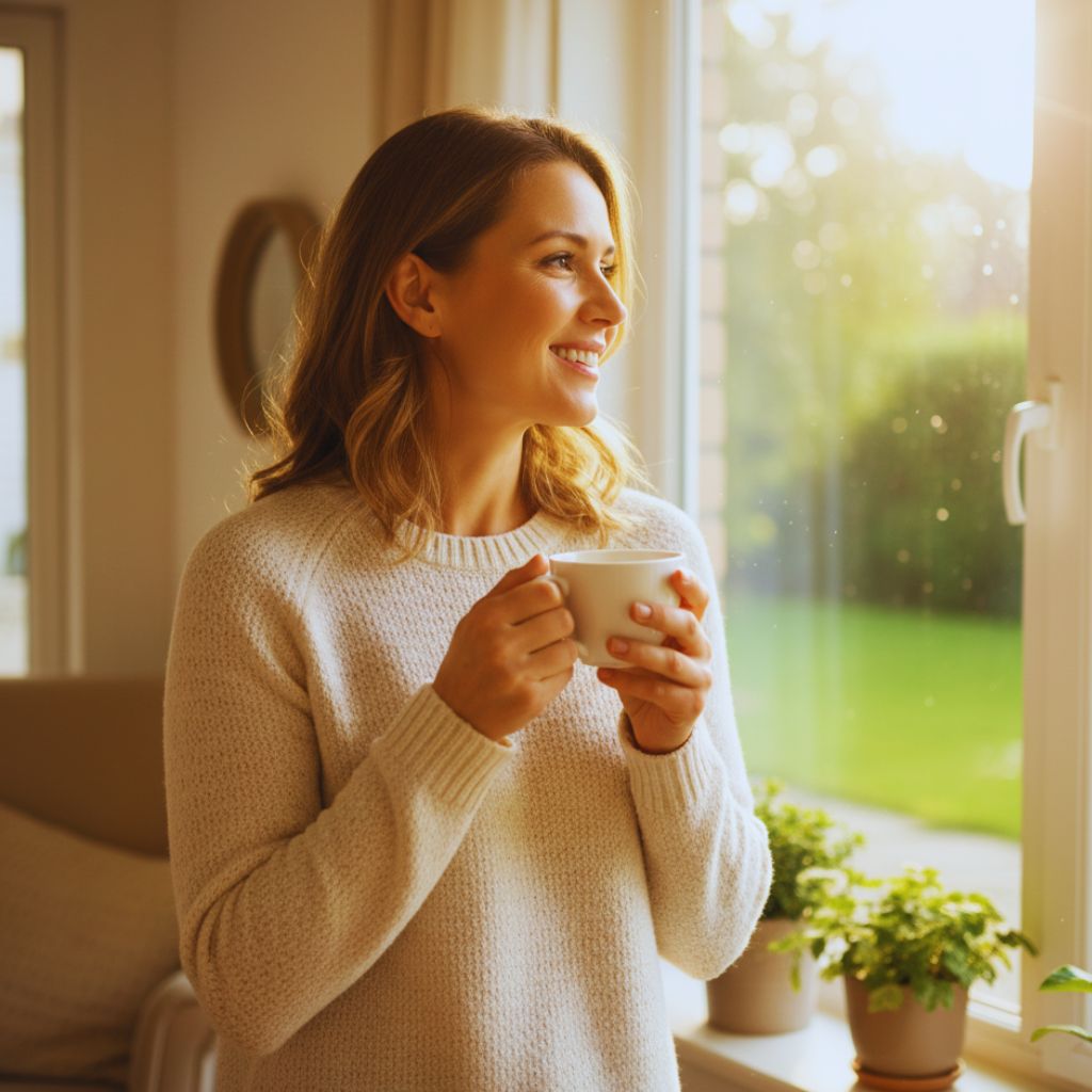 Smiling person looking out a sunny window, feeling calm and content after gratitude practice.