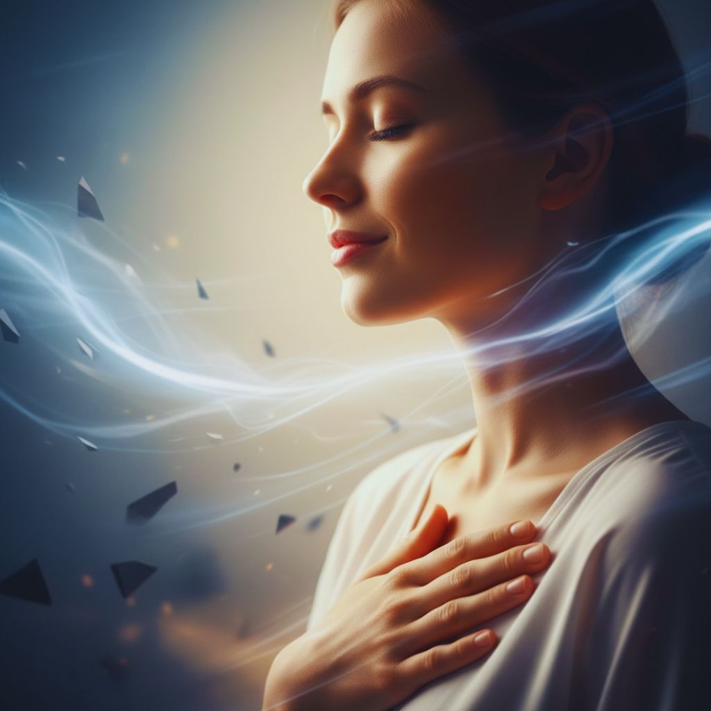 Person pausing mindfully with hand on heart, feeling calm and grounded.