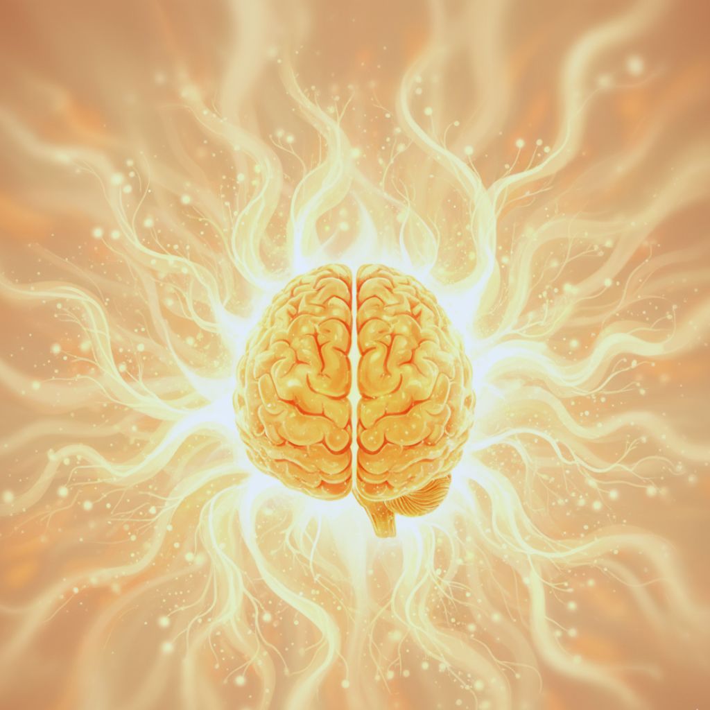 Illustration of a glowing brain surrounded by light, symbolizing positivity and growth.