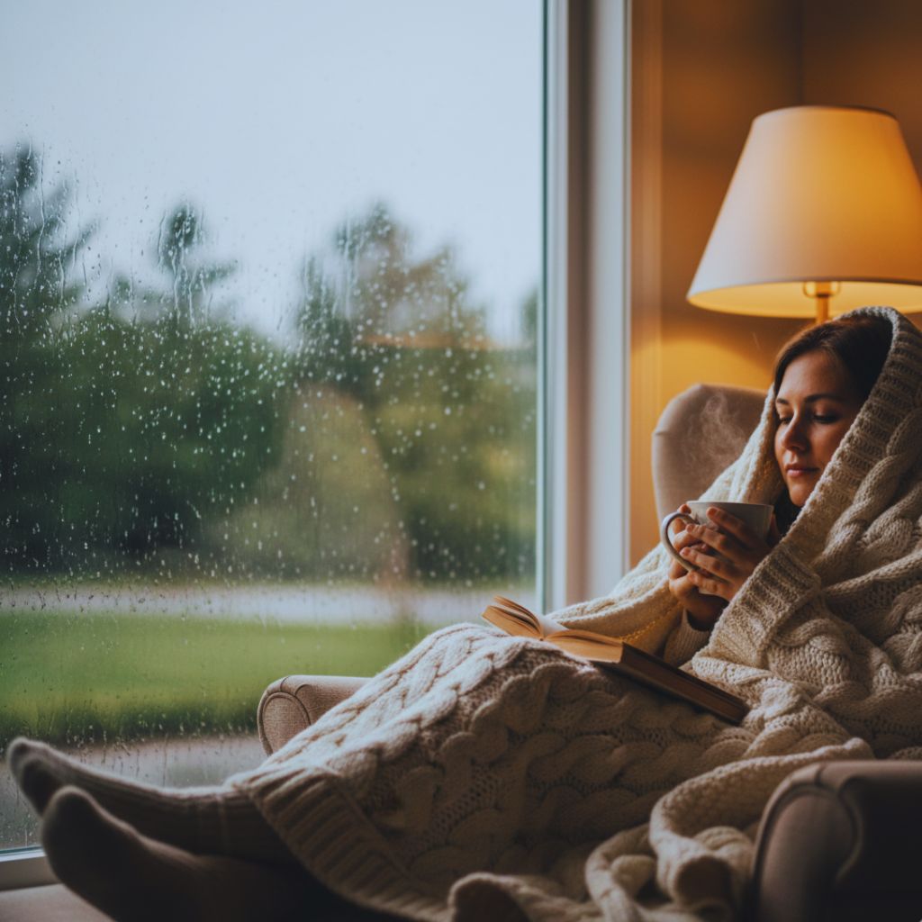Person wrapped in blanket by window with quote “It’s okay to not be okay.”