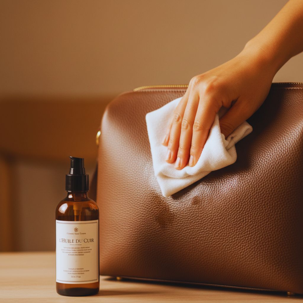 “Person using a cloth to apply leather conditioner on a handbag to maintain texture and shine.”