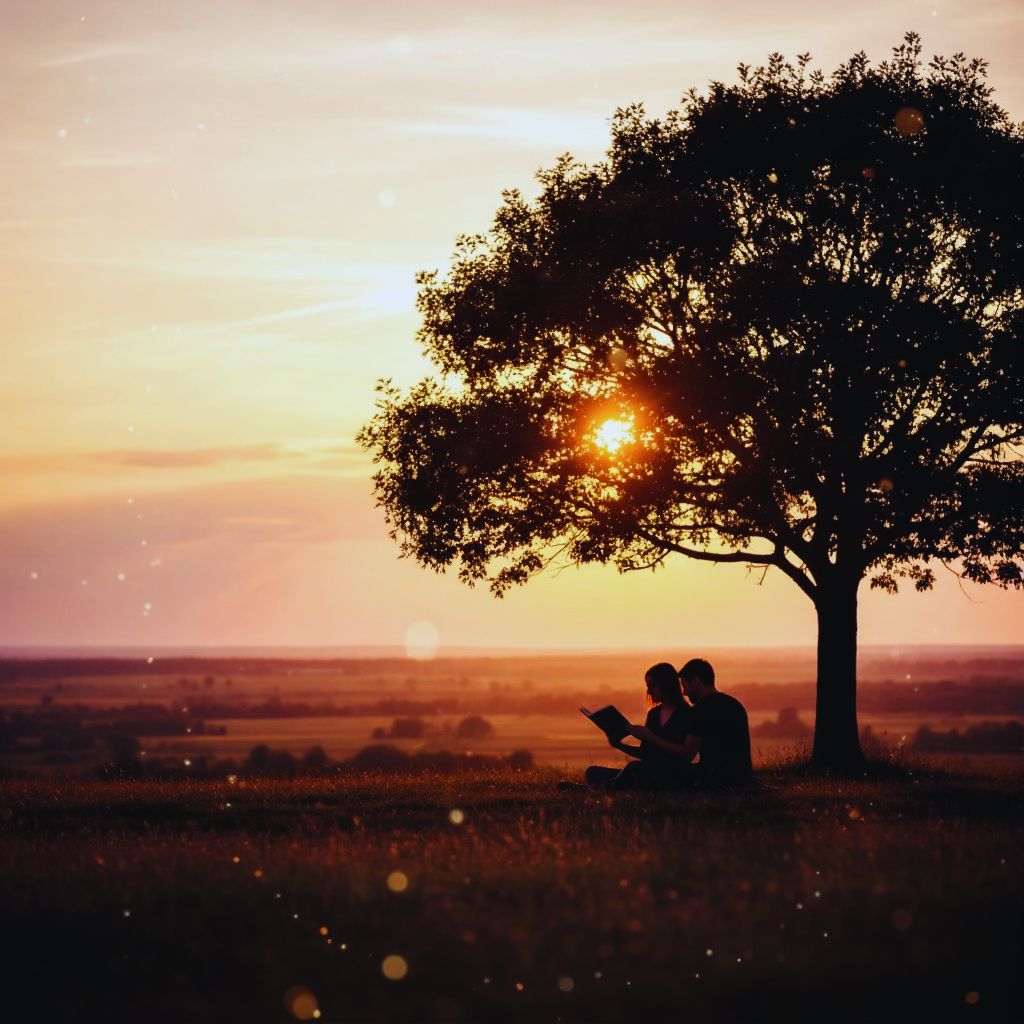 “Two people reading under a sunset tree, representing love, humanity, and emotional connection through books.”