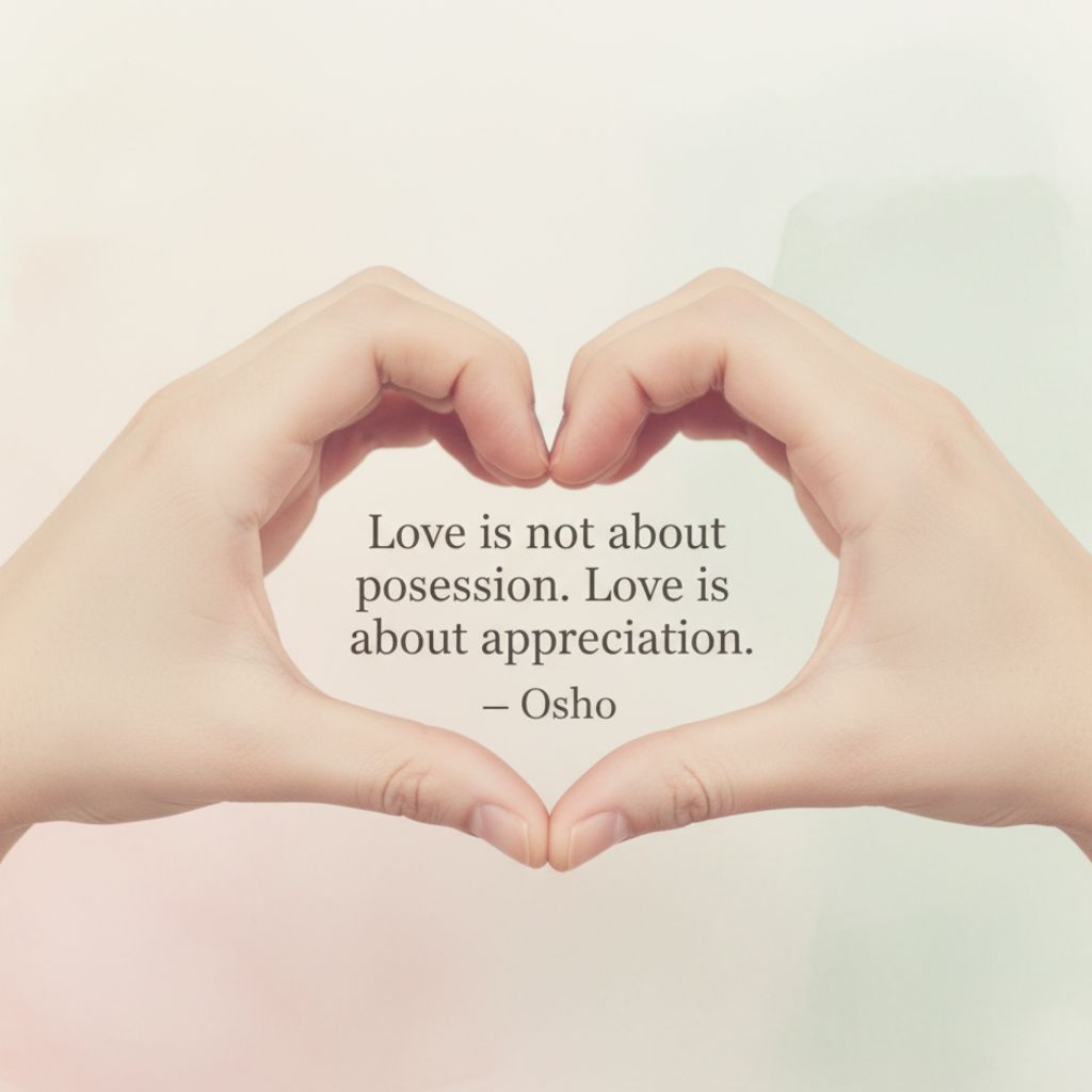Quote about love being appreciation, not possession, with heart-shaped hands image.