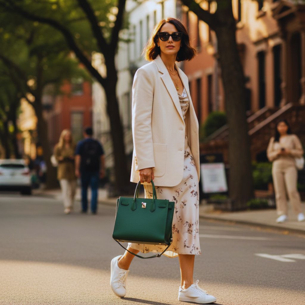 “Stylish woman confidently carrying a handbag with a polished outfit, exuding a designer vibe.”