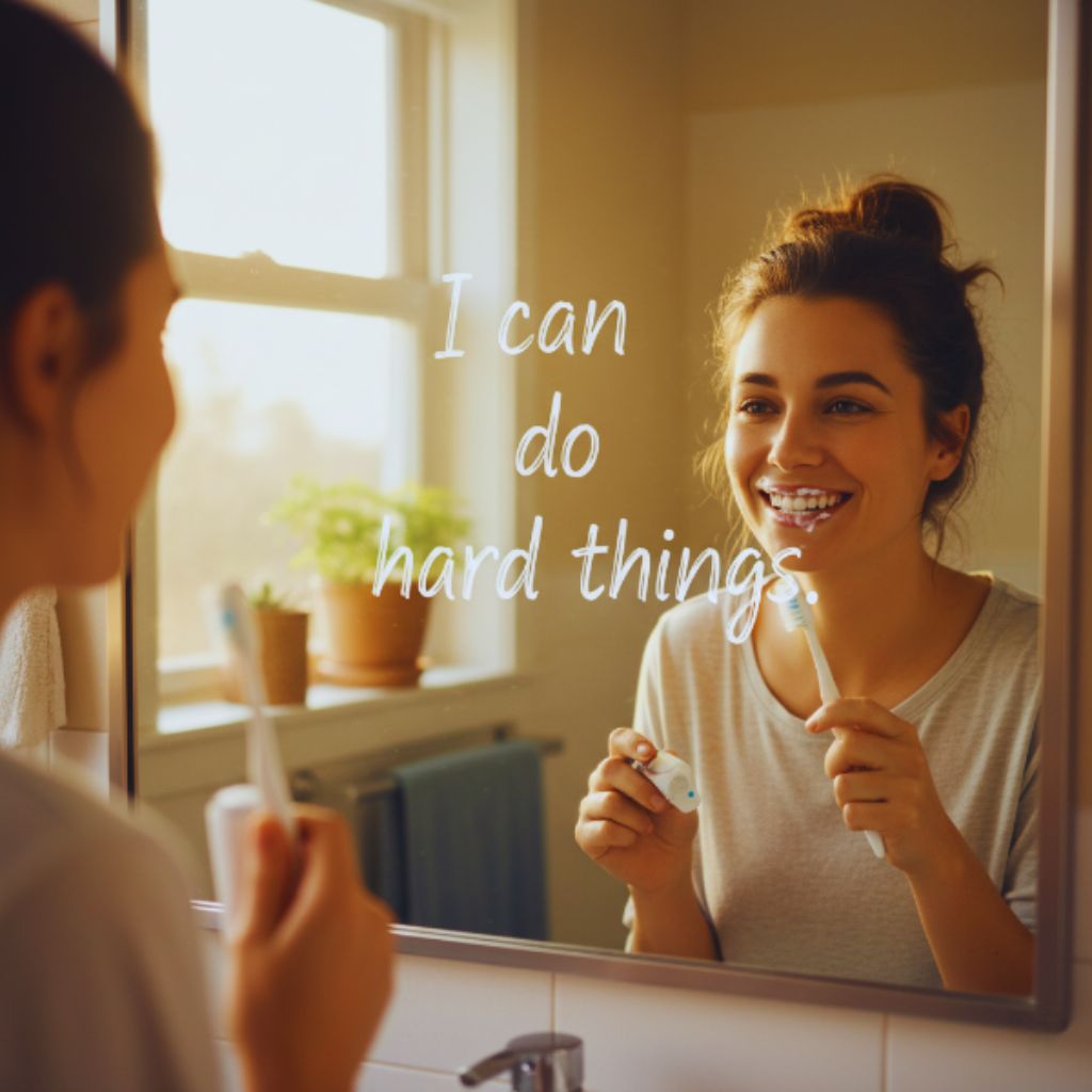 Person saying a positive affirmation in the mirror with “I can do hard things” written on it in lipstick or marker.