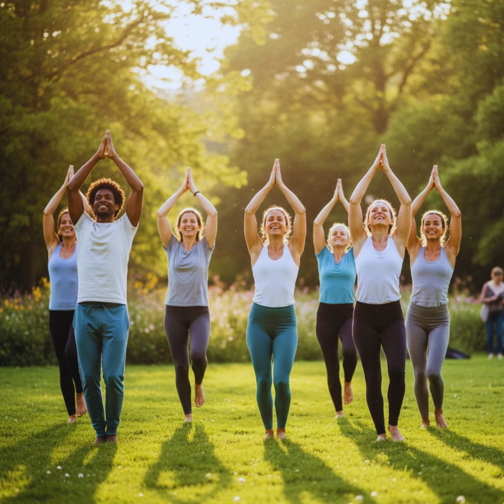 Group of people joyfully dancing or doing yoga outdoors, celebrating movement.