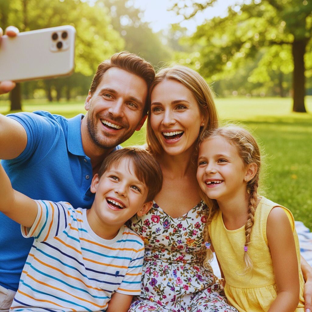 Family smiling for a selfie, radiating love and closeness.