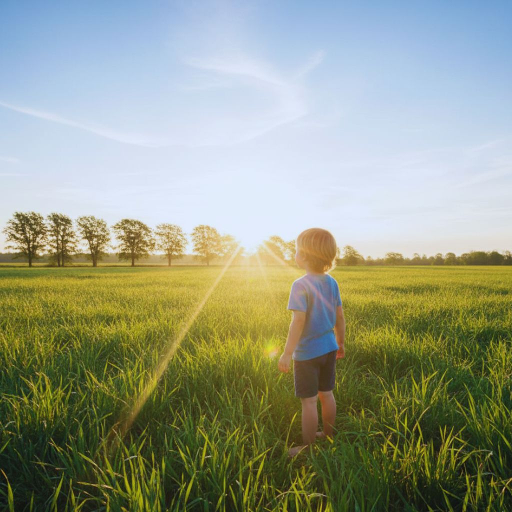 “A young child standing in a green field looking at the sunrise, representing responsibility for future generations and sustainability.”