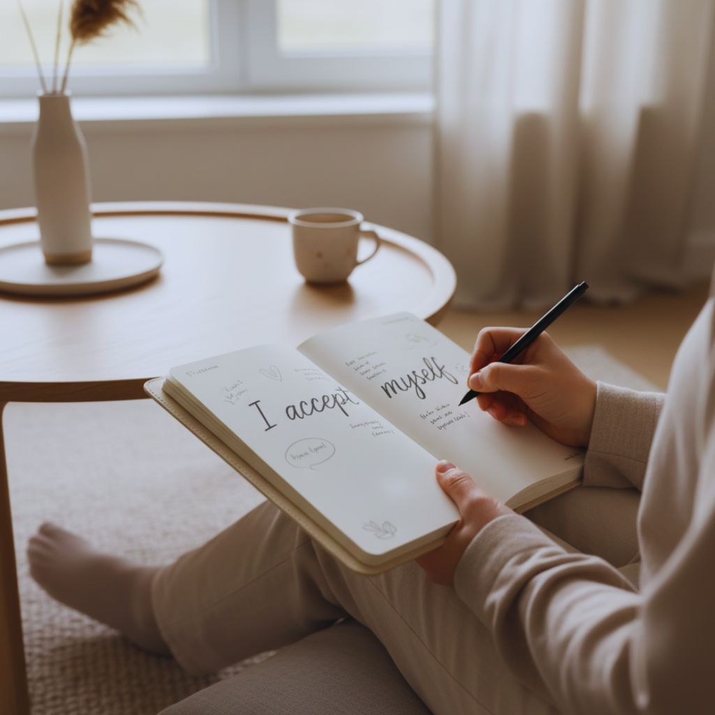 Person journaling “I accept myself” with calm, neutral background.