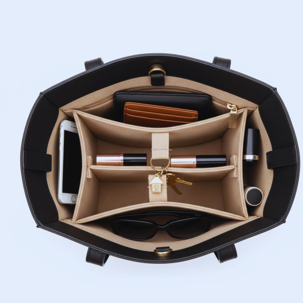 “Top-view of a bag organizer insert neatly holding essentials in separate compartments.”