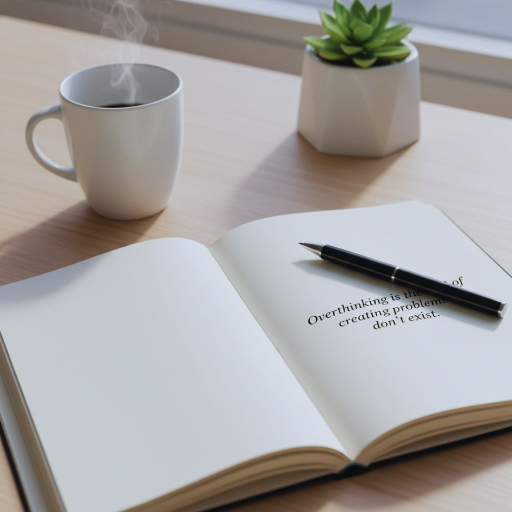 Notebook and pen on table with quote “Overthinking is the art of creating problems that don’t exist.”