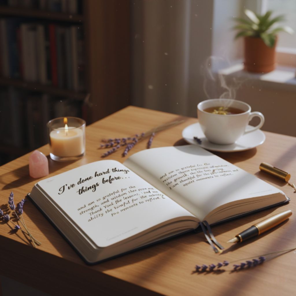 An open gratitude journal with an affirmation written inside: “I’ve done hard things before, and I can do them again.”