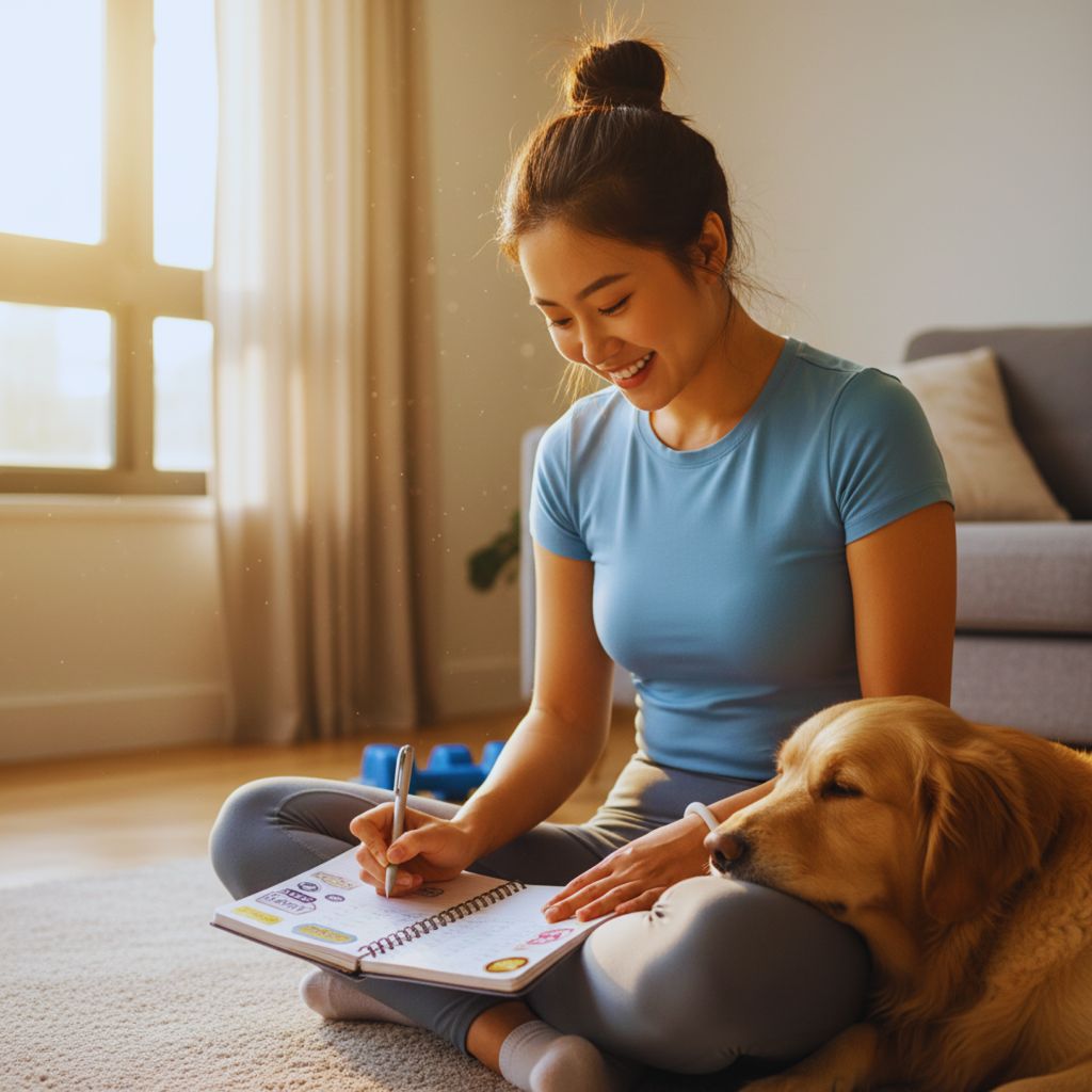 Smiling person recording workout progress, focusing on small achievements.