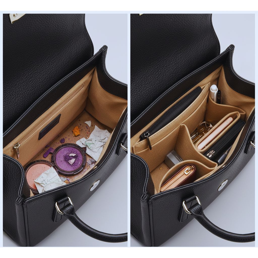 “Close-up of a clean bag interior protected by an insert compared to a stained lining without one.”
