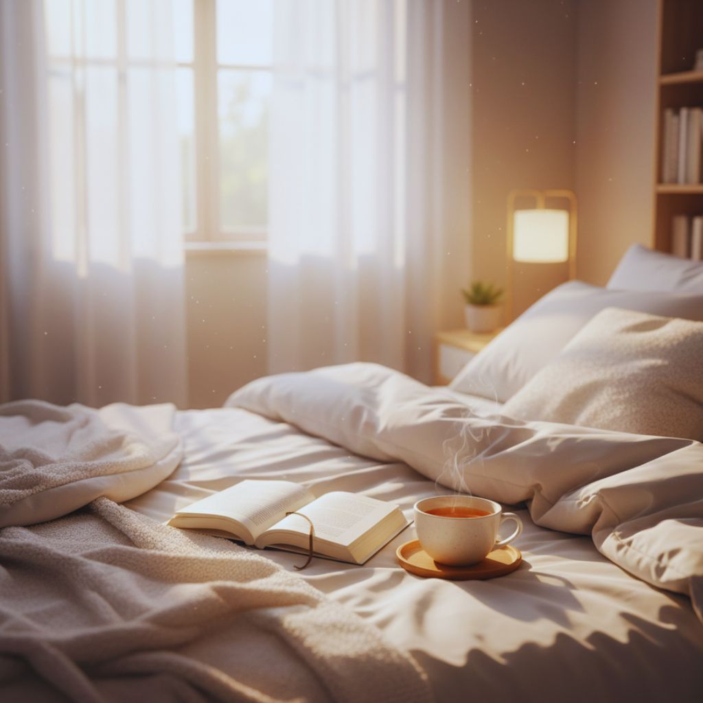 Cozy bedroom with soft sunlight and an open book, symbolizing peaceful rest.