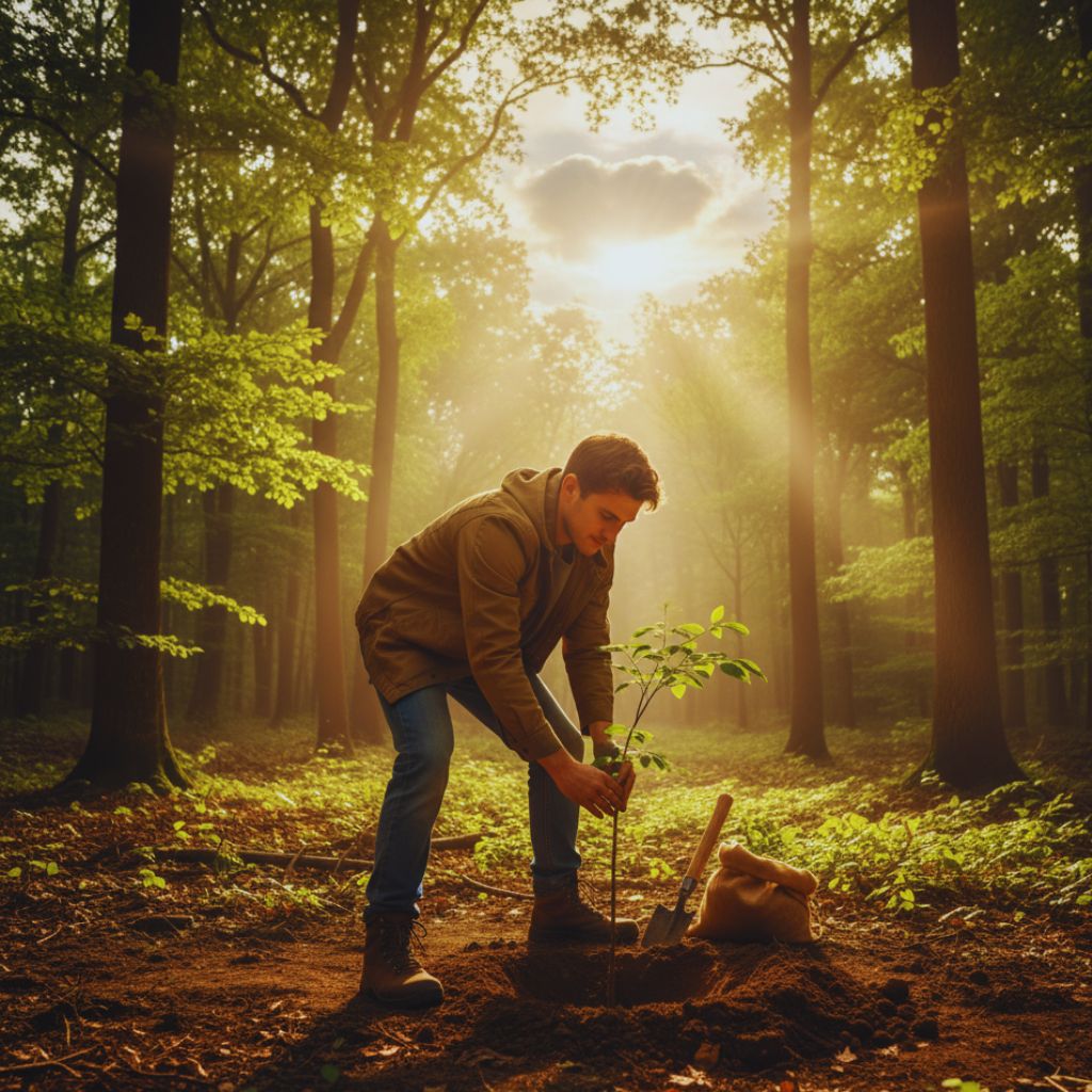 “Person planting a tree in a sunlit forest, symbolizing personal responsibility in protecting the planet.”
