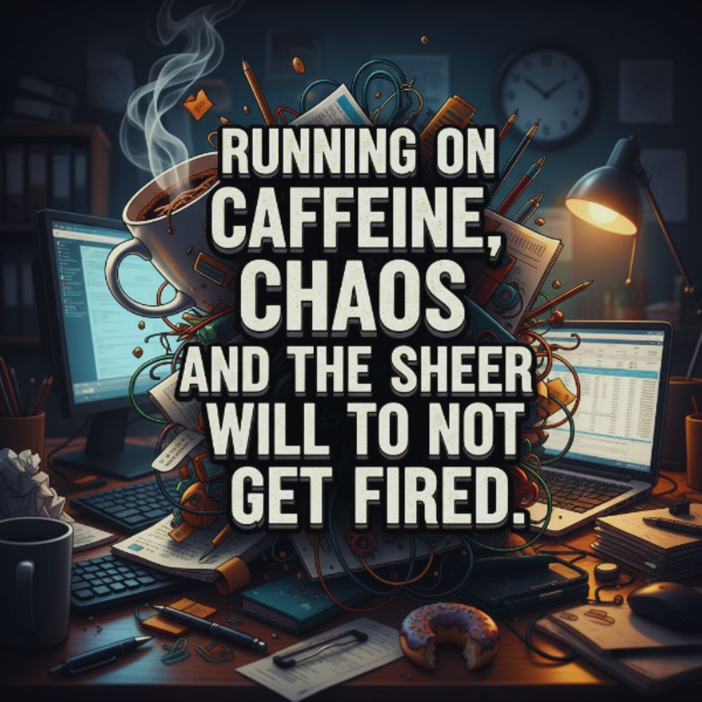 Humorous quote about surviving work with caffeine and chaos.