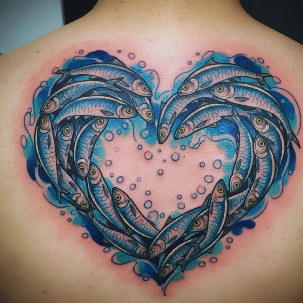 “Tattoo of sardines forming a heart-shaped school.”