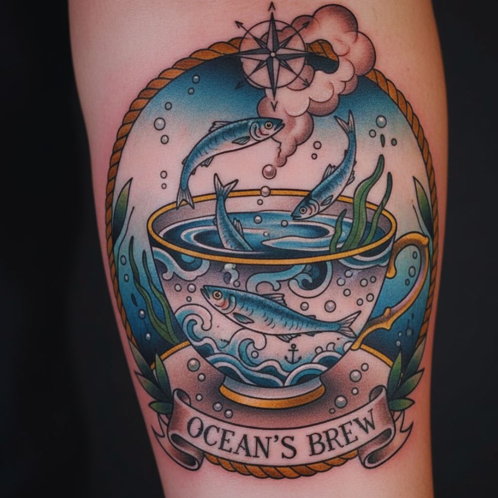 “Tattoo of sardines swimming in a teacup.”