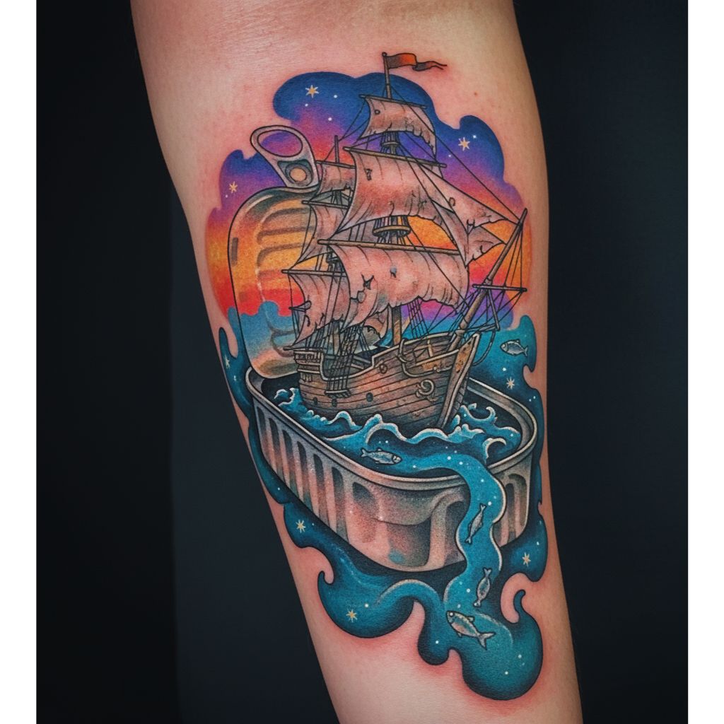 “Tattoo of a small ship inside an open sardine tin.”