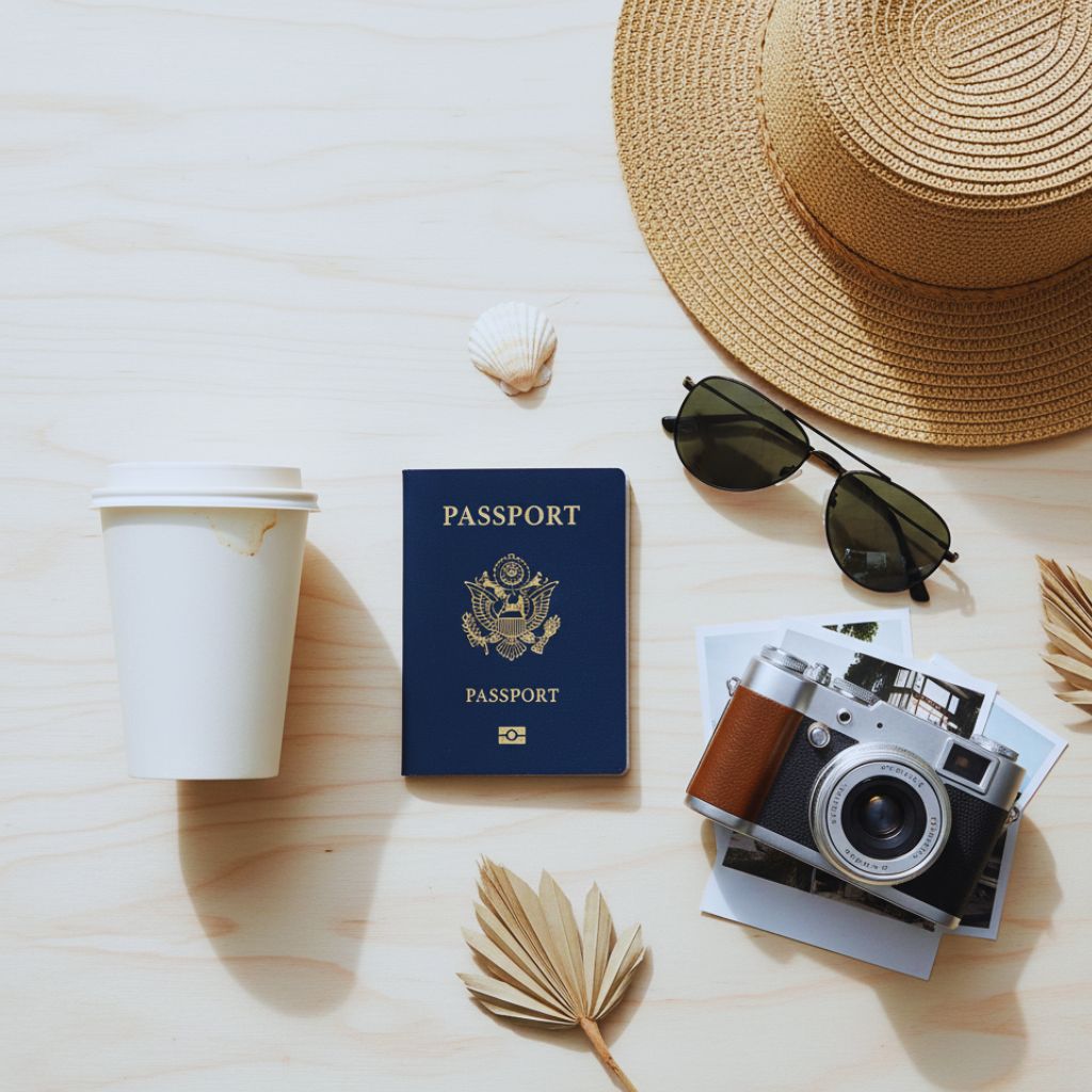 “Flat lay of passport, camera, and hat representing travel lifestyle.”