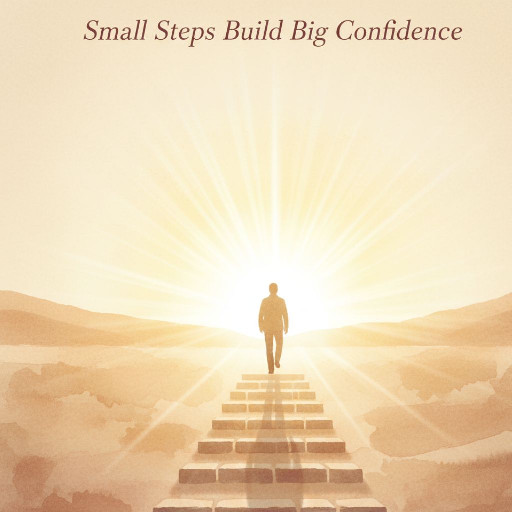 Person walking up small steps toward sunlight, representing personal growth, progress, and confidence built through small daily actions.