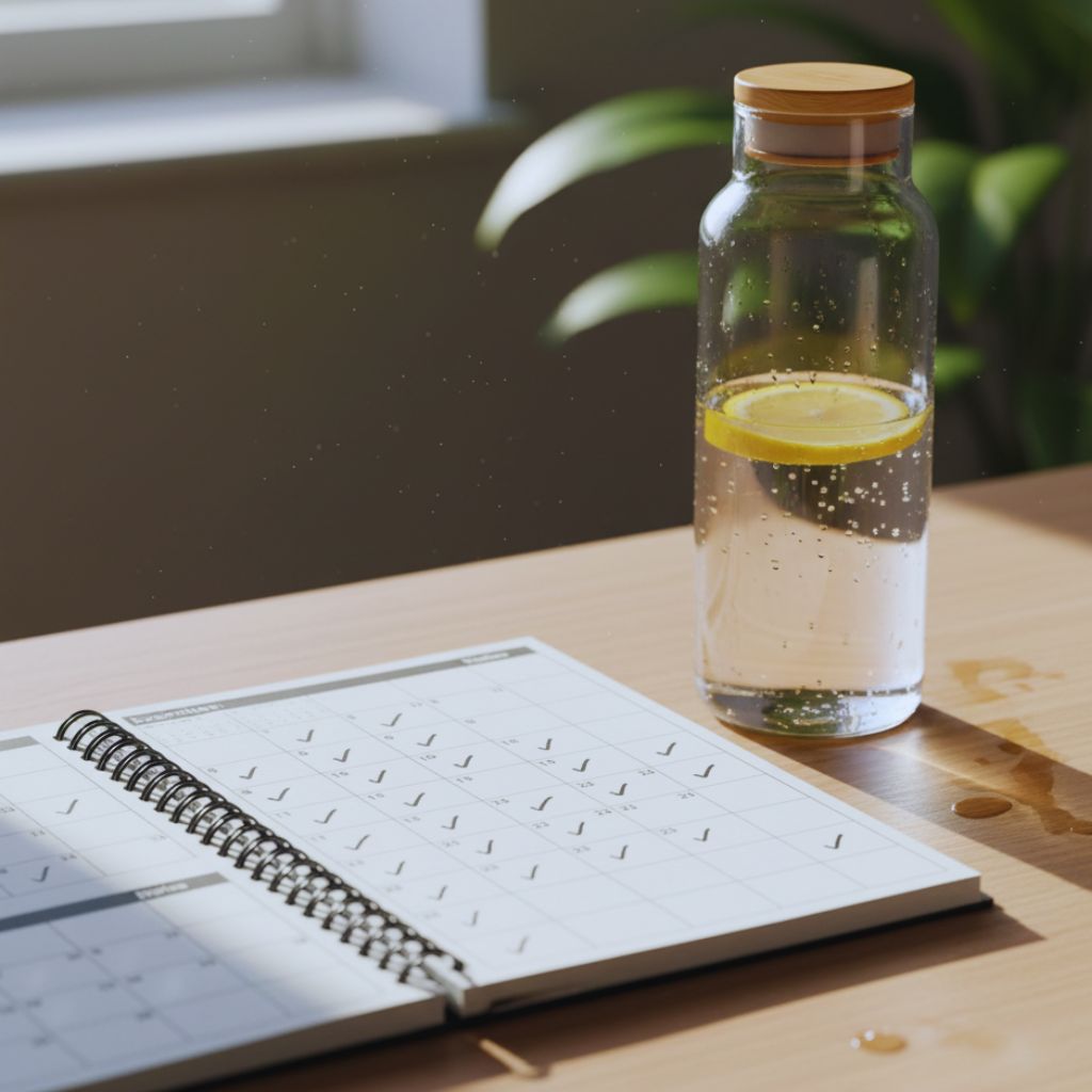 Workout planner with checkmarks and water bottle, representing consistent daily effort.