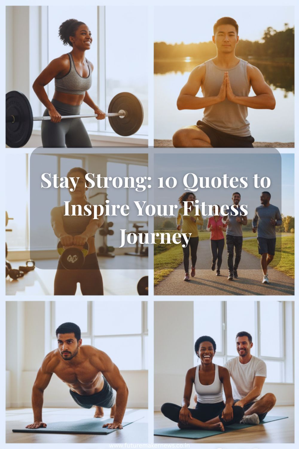 A diverse group of people in activewear doing different workouts like yoga, running, and strength training, representing a balanced and positive fitness mindset.