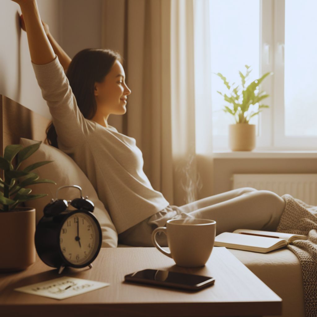“Phone on nightstand next to water glass and journal, representing a tech-free morning.”